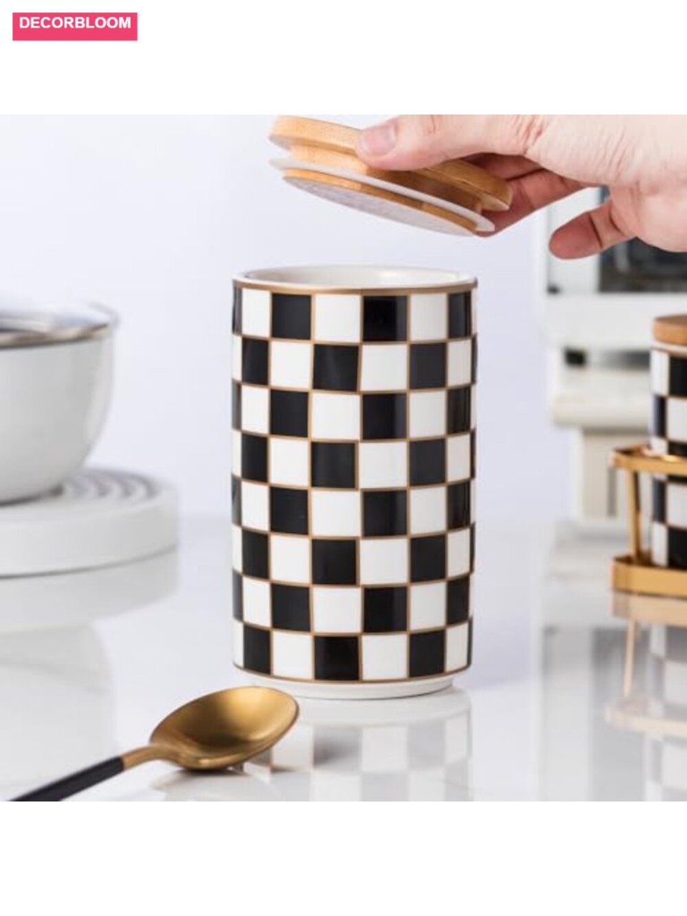 Ceramic Checkered Kitchen Canister with Airtight Bamboo Lid